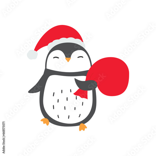 Illustration of Christmas penguin in Santa hat with bag of gifts