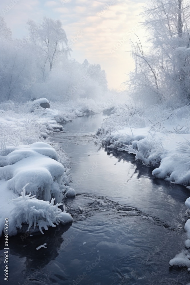 A picturesque stream flowing through a winter wonderland forest.