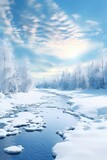 A picture of a river flowing through a forest covered in snow. This image can be used to depict the beauty of nature in winter landscapes