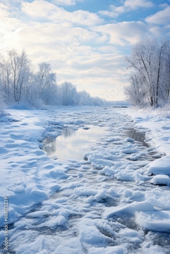 A serene winter landscape with a frozen river, snow-covered ground, and tall trees in the background. Perfect for winter-themed projects and nature-related designs © Fotograf