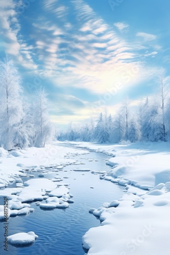 A picture of a river flowing through a forest covered in snow. This image can be used to depict the beauty of nature in winter landscapes © Fotograf