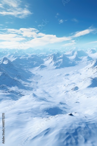 A picture of a snow covered mountain range with a clear blue sky in the background. This image can be used to depict the beauty of nature and the serenity of mountain landscapes