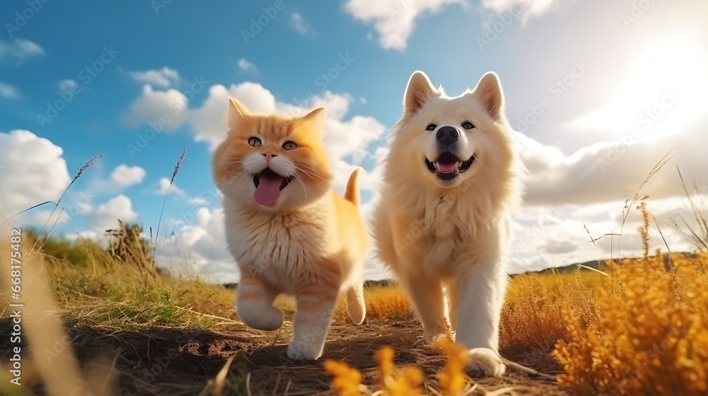 Cat and dog playing on yellow grass Cat and dog playing on yellow grass