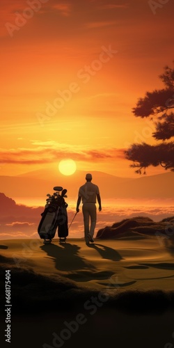 A painting depicting a man walking with a golf bag. This image can be used to illustrate the sport of golf and the leisurely activity of walking on a golf course.