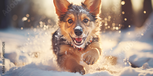 Puppy of German shepherd running on the snow outdoors.