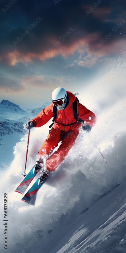 A man riding skis down a snow covered slope. Suitable for winter sports and outdoor activities.