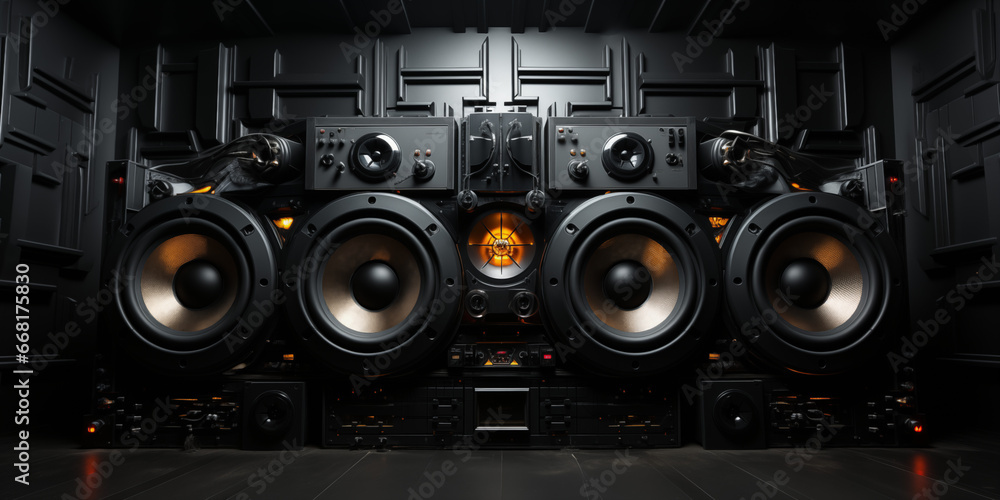Futuristische Sound Boxen im schwarzen edlen Design im Querformat für Banner, ai generativ Futuristische Sound Boxen im schwarzen edlen Design im Querformat für Banner, ai generativ