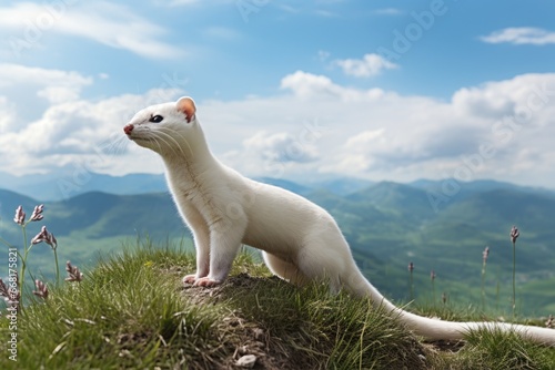 A picture of a white animal standing on top of a lush green hillside. This image can be used to depict nature  wildlife  or peaceful landscapes.