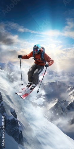 A man is seen skiing down a snow-covered slope. This image can be used to depict winter sports and outdoor activities.