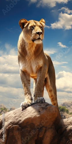 A powerful lion standing confidently on top of a rock. This image can be used to depict strength, leadership, and dominance in various projects.