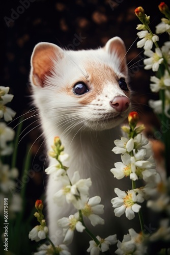 A white cat with blue eyes in a field of flowers. This picture can be used to depict the beauty of nature and the innocence of animals.