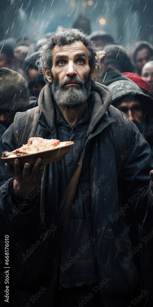 A man is holding a plate of pizza in front of a crowd. This image can be used to showcase the enjoyment of food at social gatherings or events.