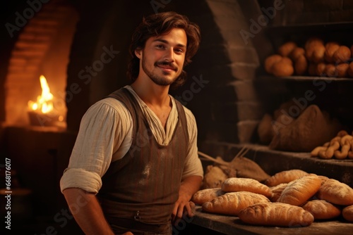 A man standing in front of a bunch of bread. This image can be used to depict a baker, a bread shop, or a person with a love for baking.