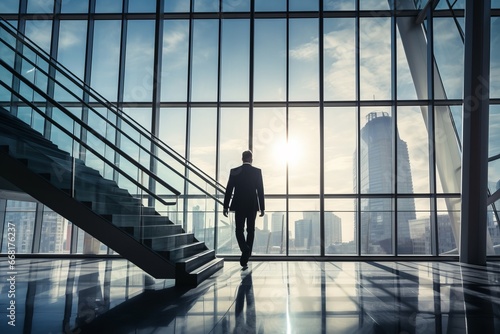 Silhouetted Businessman in Modern Office Overlooking City Skyline