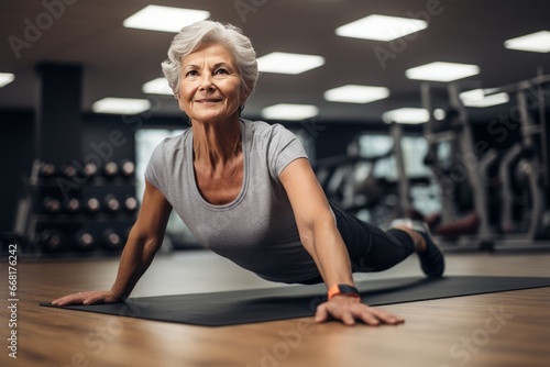 Determined Senior Woman Performing Push-ups in Gym