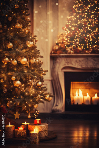 Christmas tree and candles on the background of a fireplace.