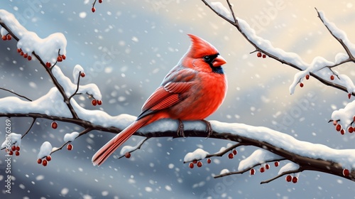 A red cardinal perched on a branch, contrasting its vibrant plumage with the snowy landscape of winter.
