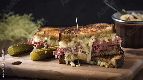 Toasted Reuben sandwich on a wooden board served with pickles, sauerkraut and Russian dressing