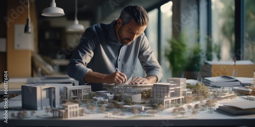 A man is seen diligently working on a model of a building. 