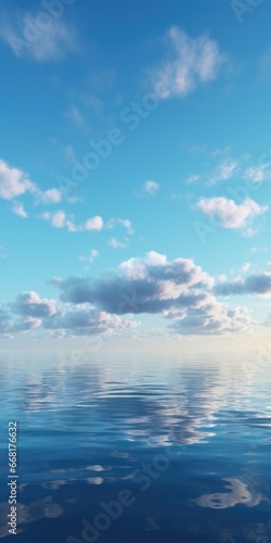 A beautiful and tranquil scene of a large body of water with fluffy clouds in the sky. Perfect for adding a sense of calm and tranquility to any project or design.
