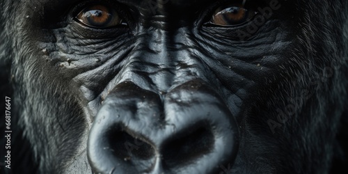 A close up photograph of a gorilla's face with a black background. This image can be used to depict the strength and intensity of these magnificent creatures. © Fotograf