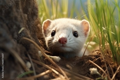 A cute ferret is seen peeking out of a small hole in the grass. This image can be used to depict curiosity, wildlife, or small animals in their natural habitat.