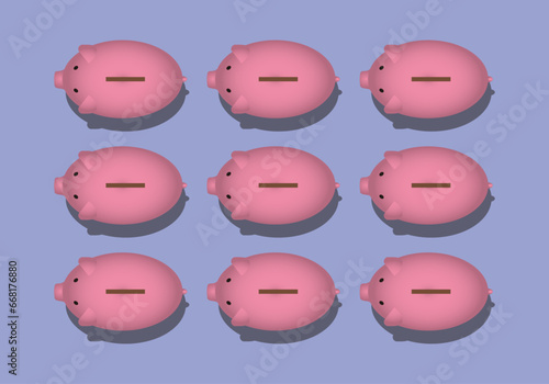 Fondo de 9 huchas de cerdo  sobre fondo azul. Ahorro, Educación financiera