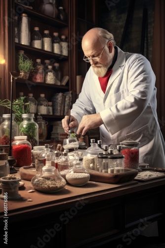 A man wearing a lab coat is seen preparing food on a table. This image can be used to depict a scientist experimenting with food or a chef incorporating scientific techniques in cooking. © Fotograf