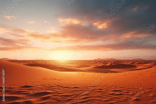 A stunning image of the sun setting over a beautiful desert landscape. Perfect for travel brochures, website backgrounds, or nature-themed designs.