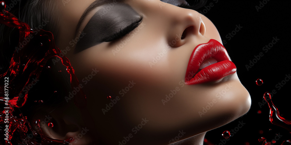 Fantastisches Model Frauen Gesicht mit großartigen Makeup und roten Lippen im dunklen Licht und Schatten Nahaufnahme im Querformat für Banner, ai generativ - obrazy, fototapety, plakaty 