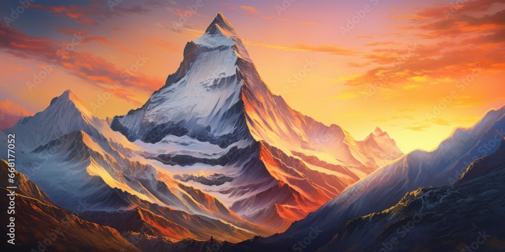 A beautiful painting capturing a serene mountain landscape with a vibrant sunset in the background. Perfect for adding a touch of natural beauty to any space.
