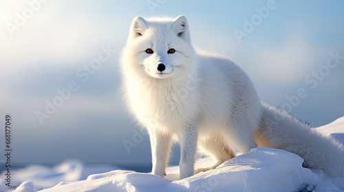 Horizontal illustration with a beautiful arctic fox on the snow. For backgrounds, covers, banners and other winter projects. © Olga