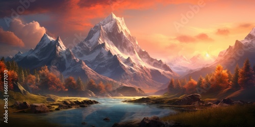 A picturesque painting of a serene mountain scene with a flowing river. Perfect for nature enthusiasts and those seeking a sense of tranquility.