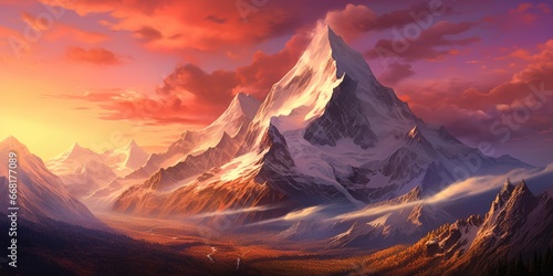 A beautiful painting capturing the serene beauty of a mountain with a vibrant sunset in the background. Perfect for adding a touch of nature's tranquility to any space.