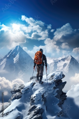 A man stands confidently on top of a majestic snow-covered mountain. This image can be used to depict adventure, success, determination, and the beauty of nature.
