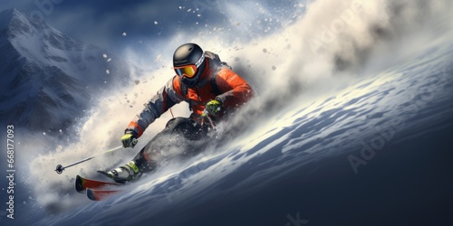 A man is seen riding skis down a snow covered slope. This image can be used to depict winter sports and outdoor activities.