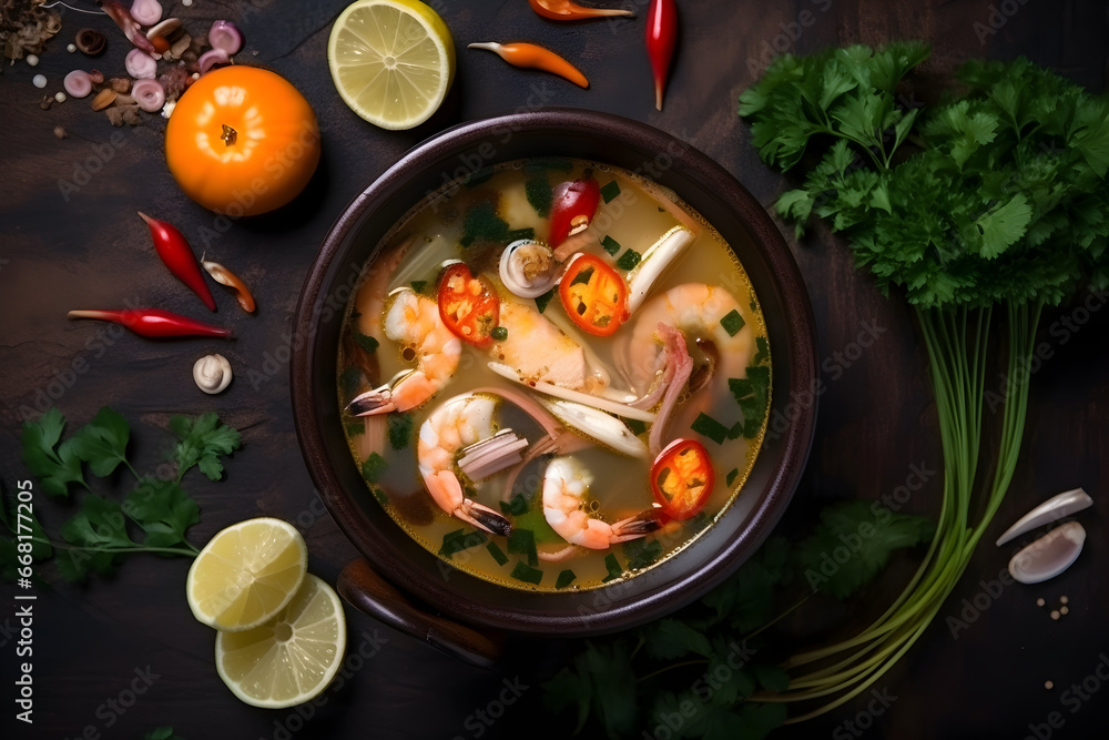 Top view of Shrimp soup on seafood soup bowl with thai herb and spices, Hot and sour spicy shrimps prawns soup curry lemon lime galangal red chili straw mushroom, generative ai Top view of Shrimp soup on seafood soup bowl with thai herb and spices, Hot and sour spicy shrimps prawns soup curry lemon lime galangal red chili straw mushroom, generative ai