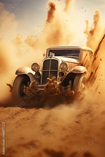 An image of an old car driving through the desert. 