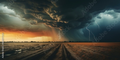 A powerful storm is looming over a vast field, creating a dramatic and ominous atmosphere. 