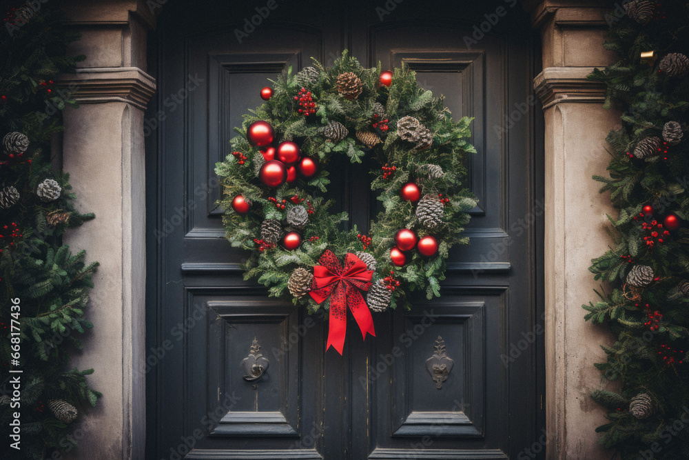 Naklejka premium Christmas wreath on the door of a house decorated with pine cones and red bows.