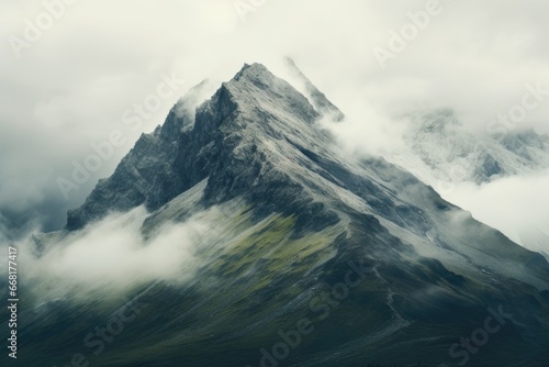 A captivating image of a mountain blanketed in fog and clouds. 