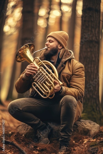 A man is sitting on a rock, playing a French horn. This picture can be used to depict a musician enjoying nature while playing music. photo