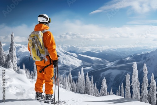 A man wearing an orange suit standing proudly on top of a snow-covered mountain. This image can be used to represent adventure, exploration, and conquering challenges.