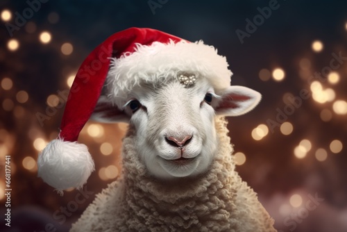 a sheep wearing Santa hat winter holidays card poster