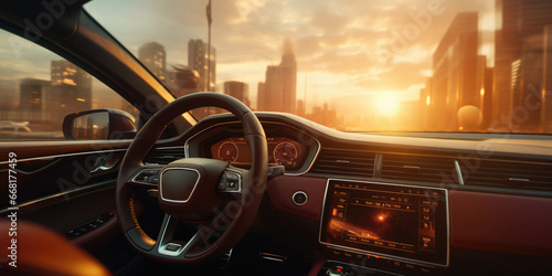 A picture of the interior of a car with the sun setting in the background. This image can be used to depict road trips, travel, commuting, or the beauty of nature during a drive. © Fotograf