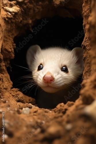 A white ferret is seen peeking out of a hole. This image can be used to depict curiosity, inquisitiveness, or small animal behavior.