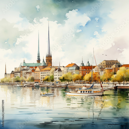 Watercolor painting of Hamburg, Germany with its typical sights, in sunny day, in minimalist style.