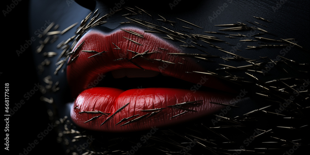 Rote Sexy Lippen einer Frau mit Kunstvollen Design umhüllt Nahaufnahme im Querforrnat für Banner, ai generativ - obrazy, fototapety, plakaty 