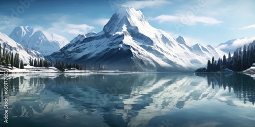 A picturesque painting of a majestic mountain with a serene lake in the foreground. 