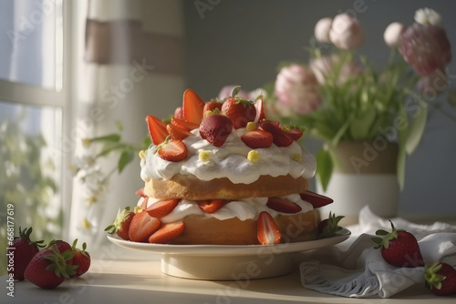 Whole strawberry shortcake on a cake stand with tulips to the side. A spring food concept on light sunny background, generative ai
